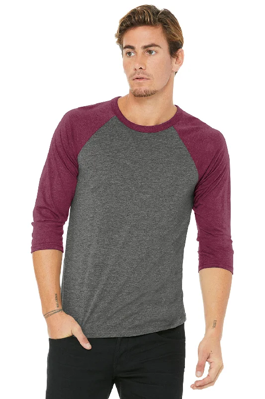 durable short sleeve t-shirt for men -Bella + Canvas Mens 3/4 Sleeve Crewneck T-Shirt - Grey/Maroon