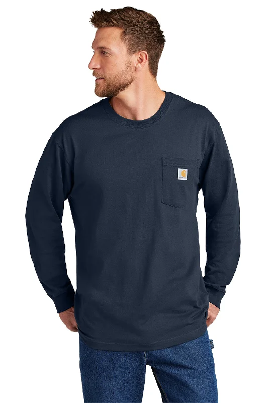 best short sleeve t-shirt for hot weather -Carhartt Mens Workwear Long Sleeve Crewneck T-Shirt w/ Pocket - Navy Blue