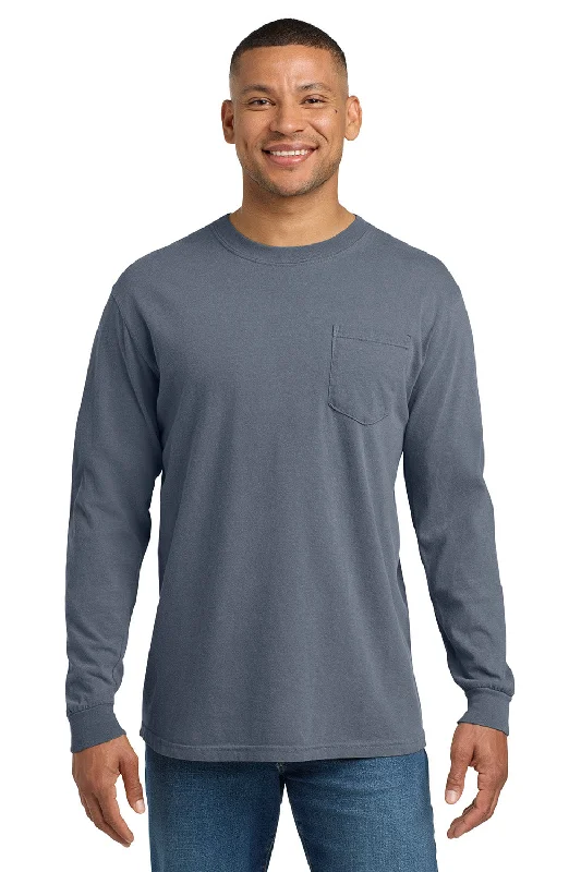 plus size short sleeve t-shirt -Comfort Colors Mens Long Sleeve Crewneck T-Shirt w/ Pocket - Blue Jean