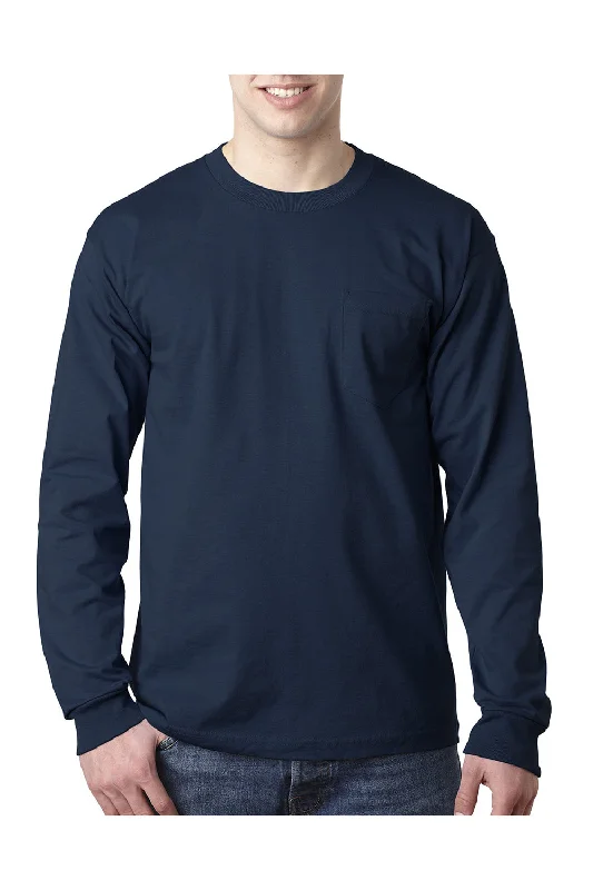 elegant short sleeve shirt for women -Bayside Mens USA Made Long Sleeve Crewneck T-Shirt w/ Pocket - Navy Blue