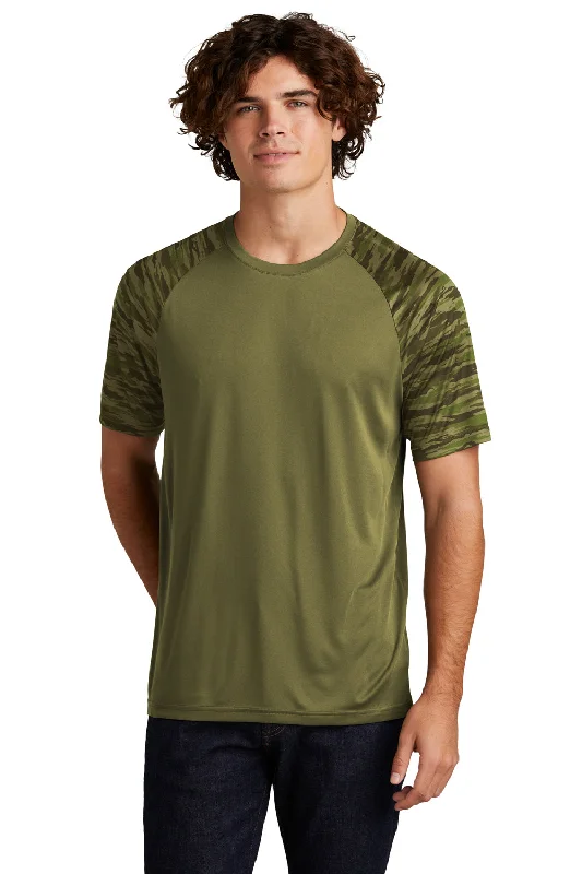 short sleeve t-shirt with animal print -Sport-Tek Mens Drift Camo Colorblock Moisture Wicking Short Sleeve Crewneck T-Shirt - Olive Drab Green