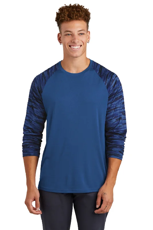 loose fit short sleeve shirt for men -Sport-Tek Mens Drift Camo Colorblock Moisture Wicking Long Sleeve Crewneck T-Shirt - Royal Blue