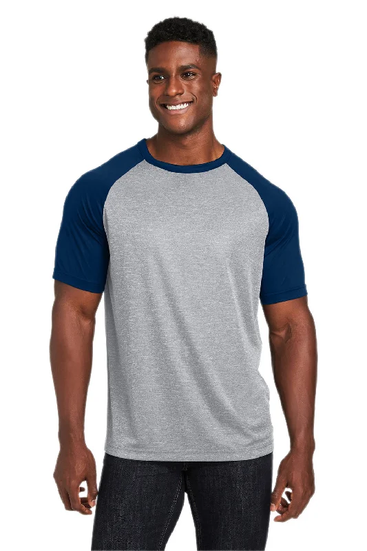 athletic fit short sleeve t-shirt -Team 365 Mens Zone Colorblock Moisture Wicking Short Sleeve Crewneck T-Shirt - Heather Grey/Dark Navy Blue