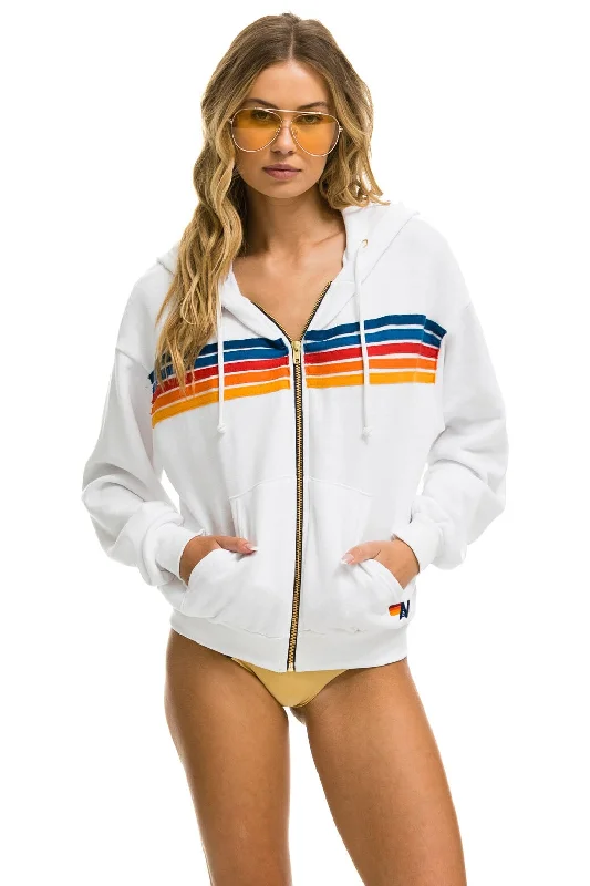 hoodie for keeping warm during workouts -5 STRIPE RELAXED ZIP HOODIE - WHITE 2