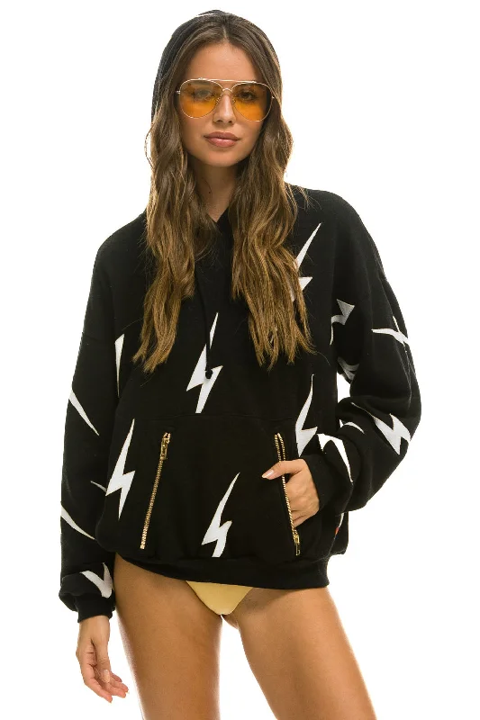 hoodie with fun and quirky patterns -BOLT STITCH REPEAT RELAXED PULLOVER HOODIE WITH POCKET ZIPPERS - BLACK // WHITE