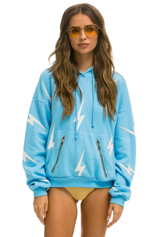 hoodie with vibrant hues -BOLT STITCH REPEAT RELAXED PULLOVER HOODIE WITH POCKET ZIPPERS - SKY // WHITE