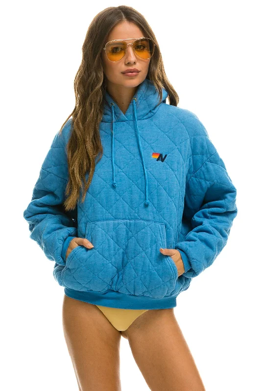 hoodie for chic and casual moments -QUILTED RELAXED PULLOVER HOODIE - OCEAN