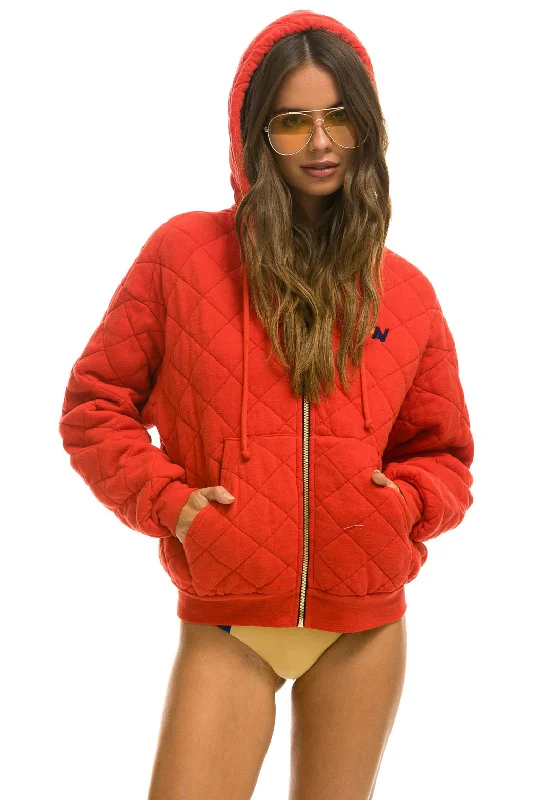 hoodie for effortless styling -QUILTED ZIP HOODIE RELAXED - RED