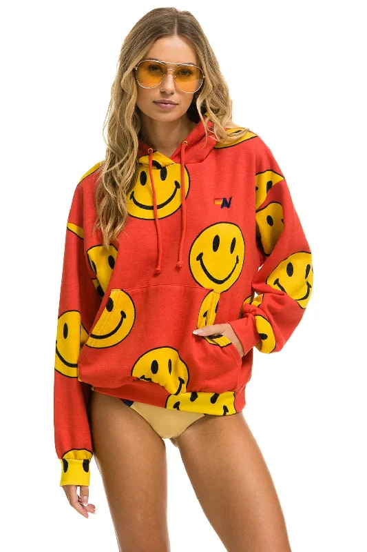 hoodie with cozy yet fashionable design -SMILEY REPEAT RELAXED PULLOVER HOODIE - RED