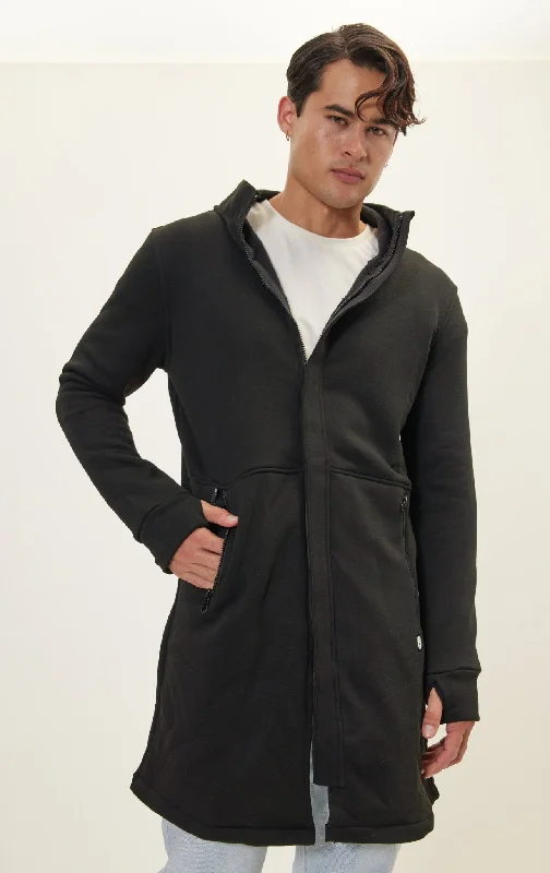 cozy jacket for outdoor adventures-Hooded Longline Jacket - Black