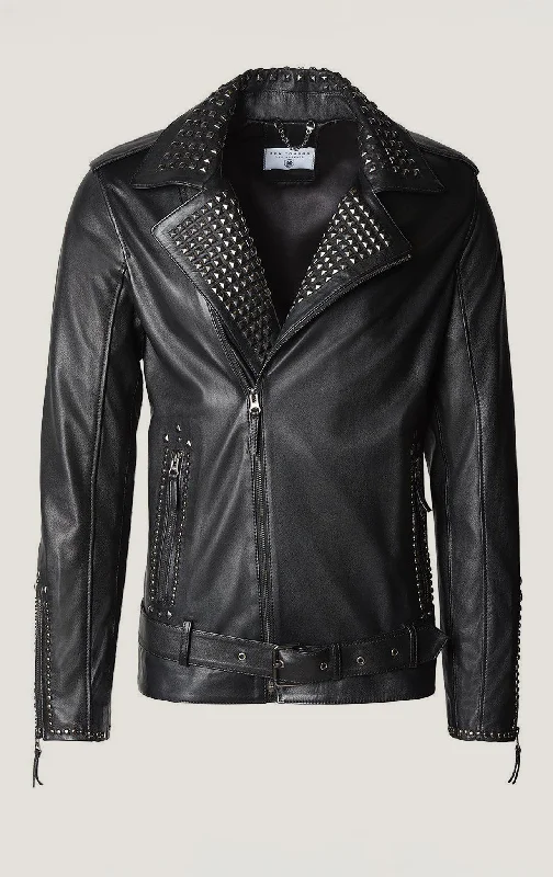 men’s winter jacket for rainy days-Studded Lambskin Leather Jacket - Black Falcon