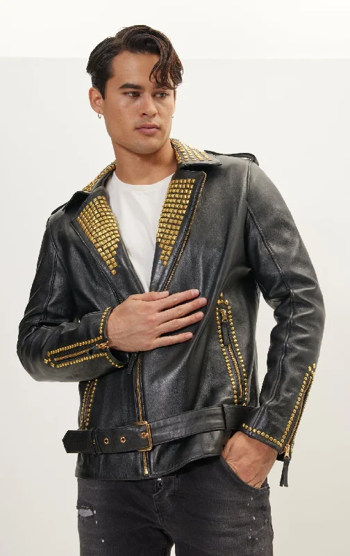 men’s stylish parka for winter-Studded Lambskin Leather Jacket  - Black Gold