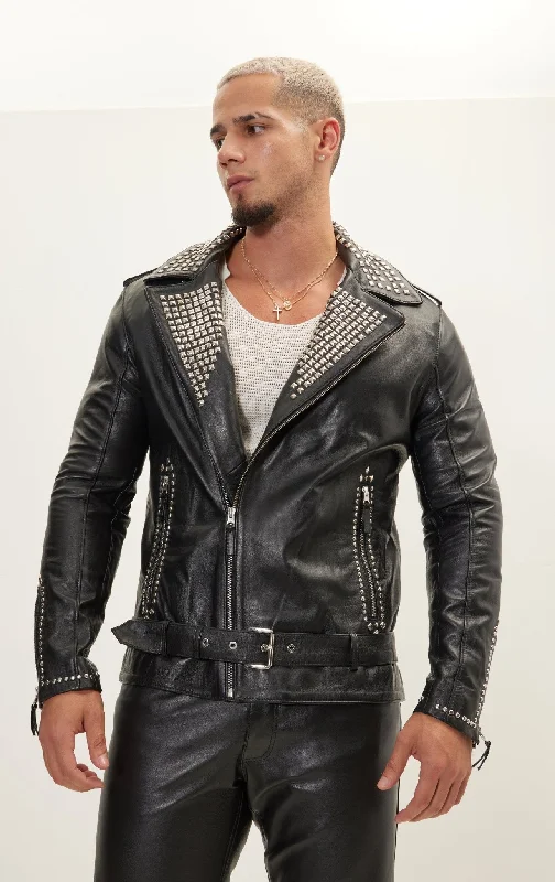 stylish cold-weather performance jacket-Studded Lambskin Leather Jacket - Black Silver