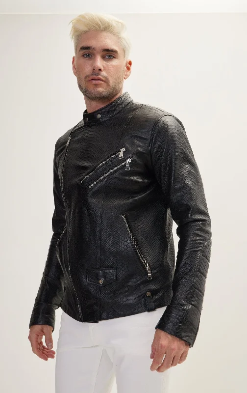 men’s warm casual jacket-Double Zipper Cafe Racers Jacket - Black Leather Snake Embossed