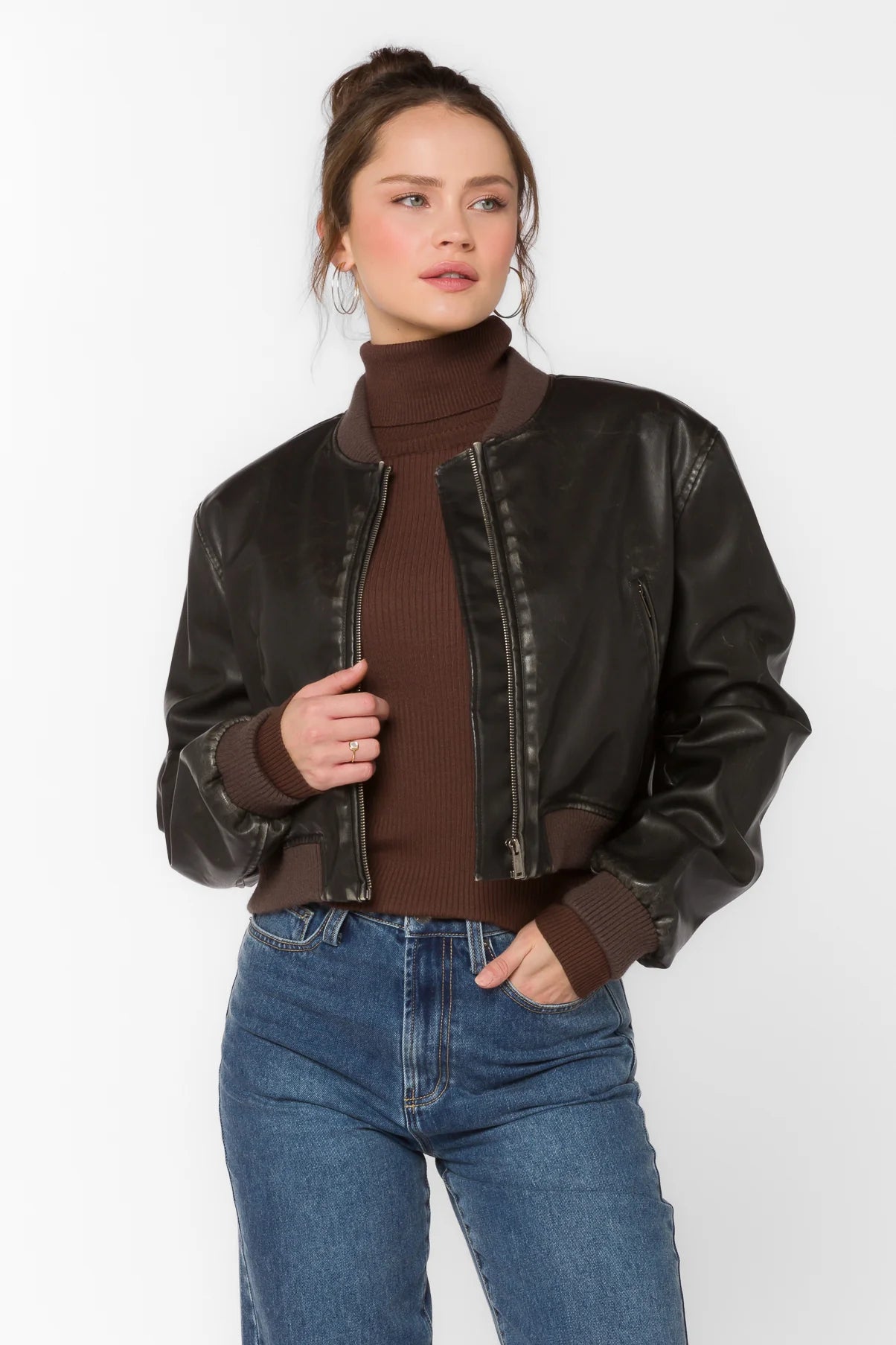 stylish fleece jacket with zip closure-Becca Vintage Brown Vegan Leather Jacket