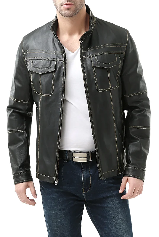 men’s waterproof cold-weather jacket-BGSD Monogram Collection Men Cowhide Leather Motorcycle Jacket