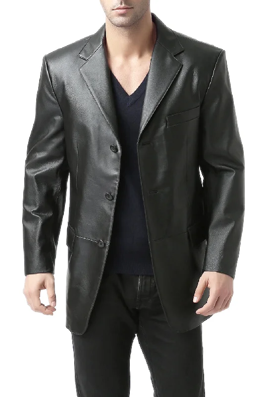 warm jacket with faux fur lining-BGSD Men Three-Button Lambskin Leather Blazer