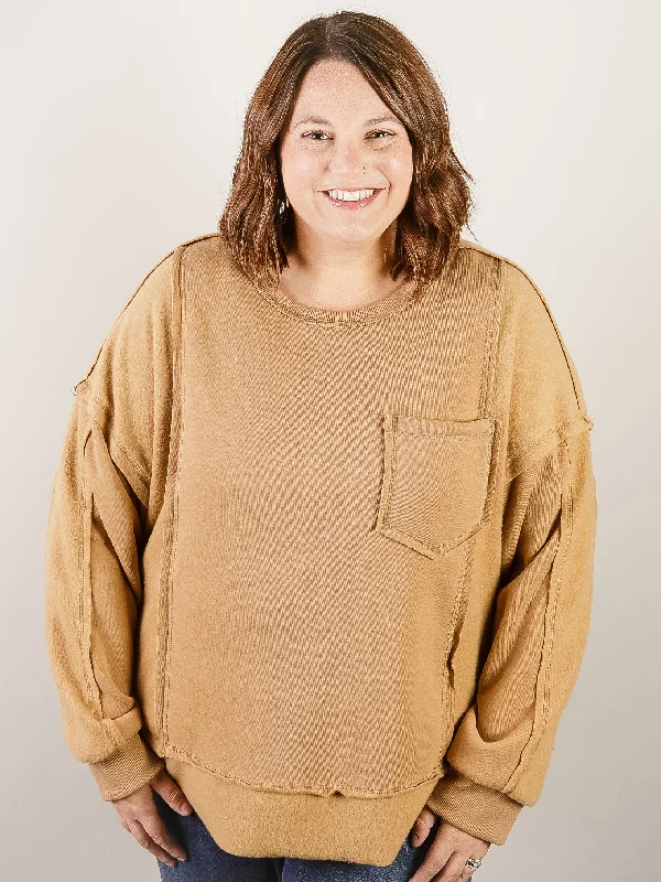 hoodie with timeless style -Curvy Camel French Terry Comfy Pullover