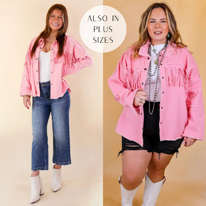 cozy puffer jacket for women-Not A Secret Fringe Button Up Jacket with Raw Hem in Electric Pink