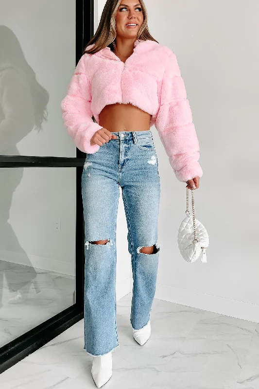 men’s rugged winter coat-"It's So Fluffy" Faux Fur Crop Jacket (Pink)