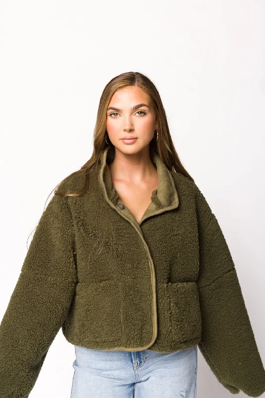 stylish women’s athletic jacket-Abby Sherpa and Suede Reversible Jacket in Olive