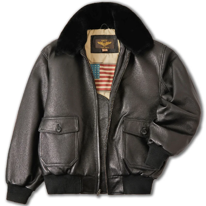 women’s outdoor coat with hood and pockets-Landing Leathers Navy Men G-1 Goatskin Leather Flight Bomber Jacket