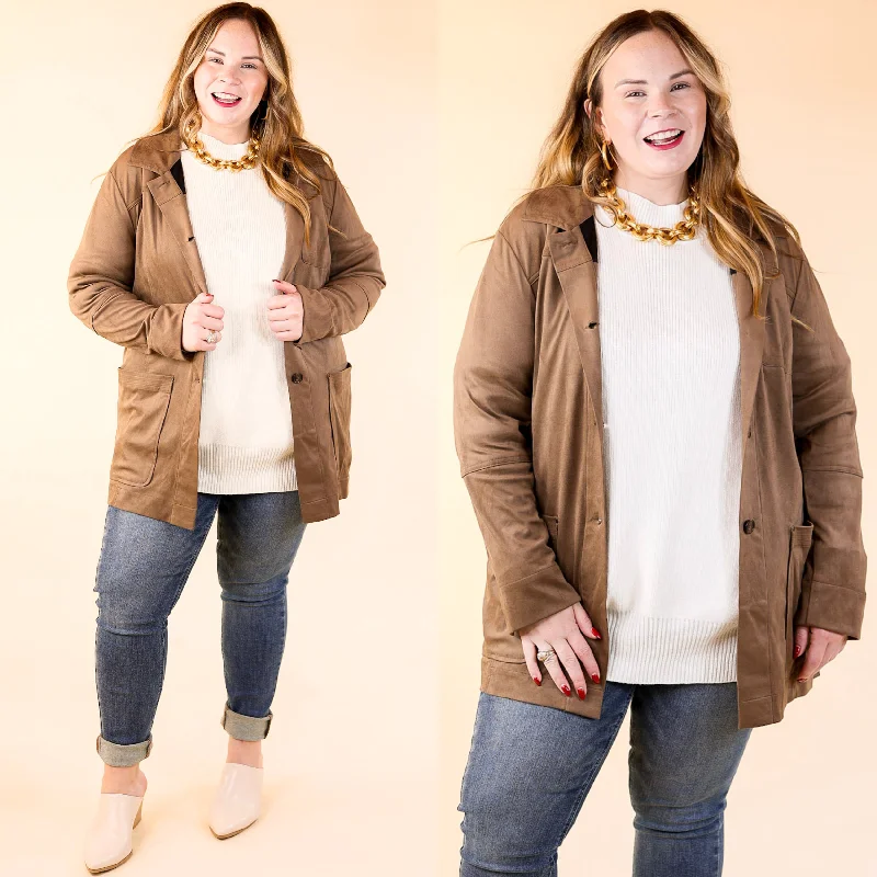 warm insulated jacket for hiking-Lyssé | Abigail Suede Button Up Jacket in Chestnut Brown