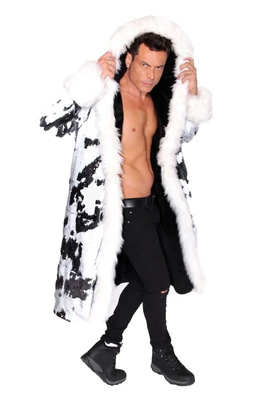 men’s waterproof parka jacket-Men's LED Sequin King Coat in "Black/ White"