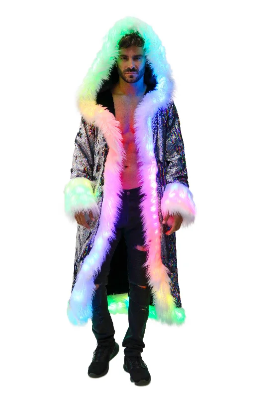 women’s warm coat with insulation-Men's LED Sequin King Coat in "Silver Hologram- Rainbow Stripe"