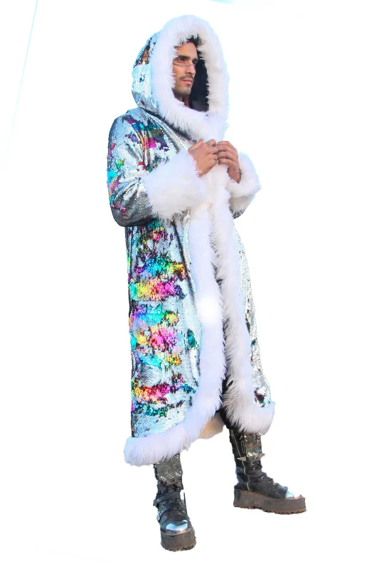 quilted jacket for cold weather-Men's LED Sequin King Coat in "Silver Hologram- Rainbow"