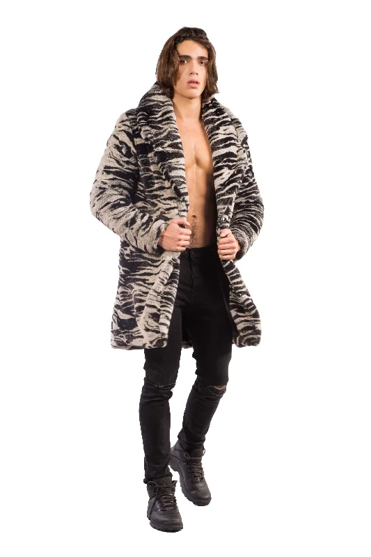 cozy cold-weather jacket with removable hood-Men's Long Cozy Coat in "Natural Tiger"