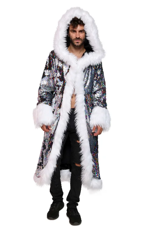 men’s parkas for extreme cold-Men's Sequin King Coat in "Silver Hologram-Rainbow Stripe"