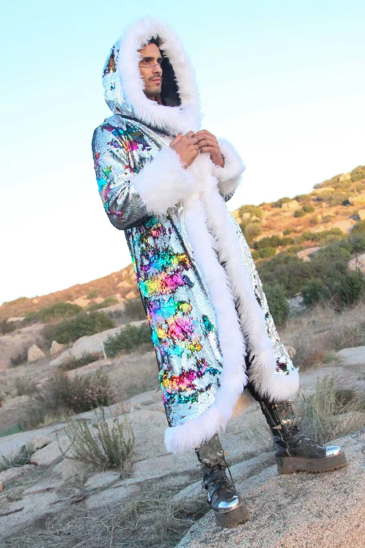 cozy winter coat with zipper-Men's Sequin King Coat in "Silver Hologram-Rainbow"