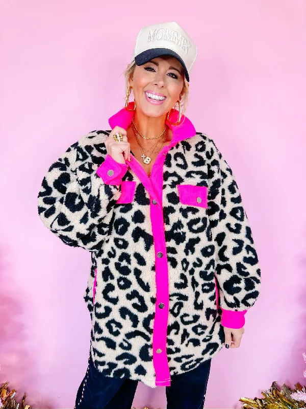 stylish jacket with removable liner-ON THE BRIGHT SIDE PINK TRIM LEOPARD JACKET