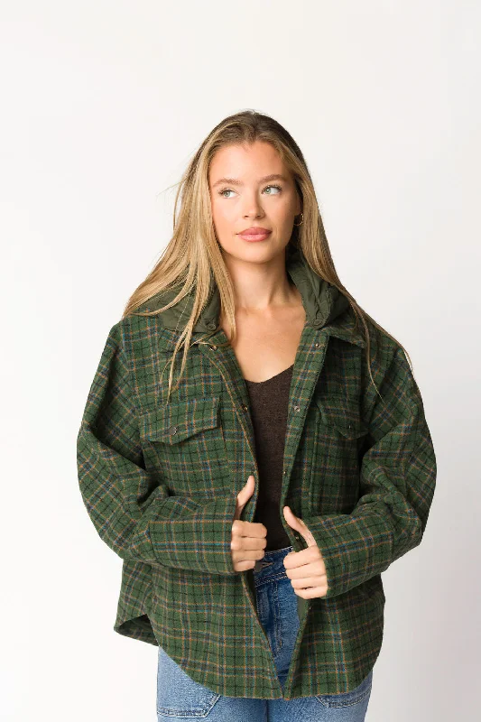 men’s waterproof cold-weather jacket-Jilly Plaid Jacket with Detachable Hood in Evergreen