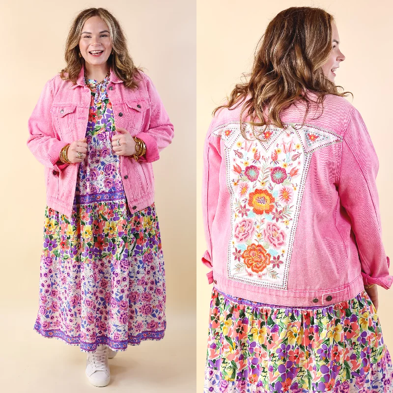 insulated jacket with removable sleeves-Prime Time Floral Embroidered Denim Jacket With Pockets in Pink