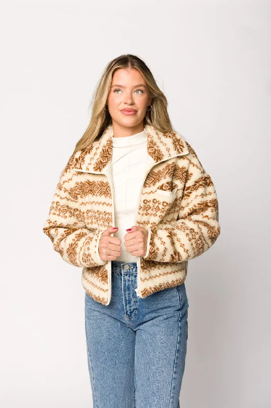 women’s parka jacket for cold weather-Sylvie Printed Fleece Jacket in Cream