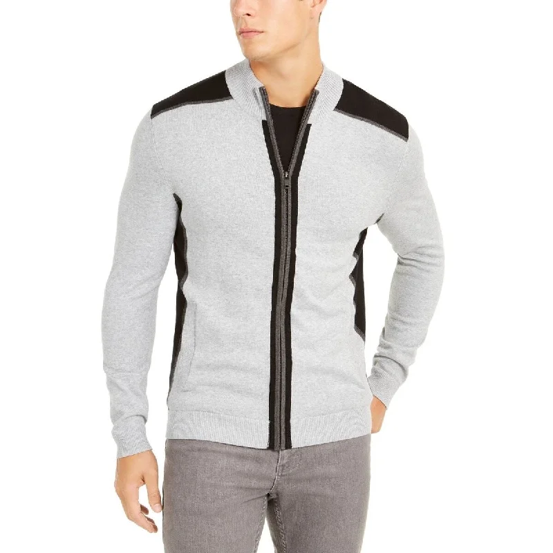 modern knit sweater for chic style-Alfani Men's Classic-Fit Colorblocked Full-Zip Cardigan Grey Size 2 Extra Large