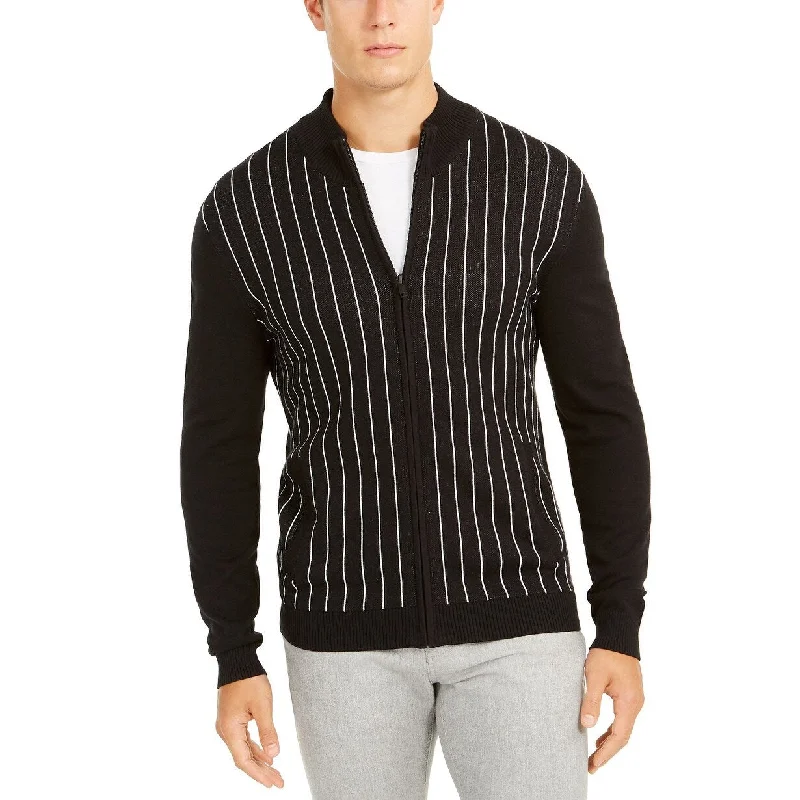 soft wool sweater for travel comfort-Alfani Men's Classic-Fit Vertical Stripe Full-Zip Cardigan Black Size Small