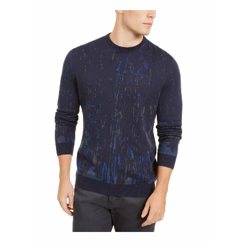 stylish wool sweater for cold days-Alfani Men's Paint Splatter Crewneck Sweater Blue Size Medium