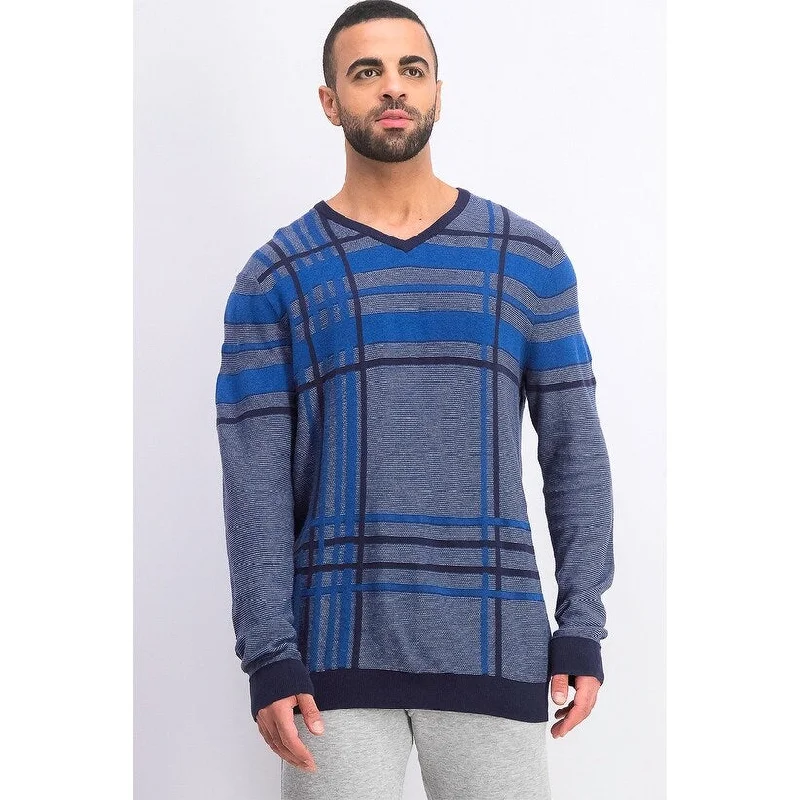 knitted sweater with statement sleeves-Alfani Men's Plaid Crewneck Sweater Dark Blue Size X-Large