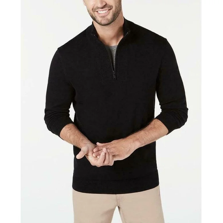 cozy wool sweater for stylish weekends-Alfani Men's Quarter-Zip Ribbed Placket Sweater Black Size Small