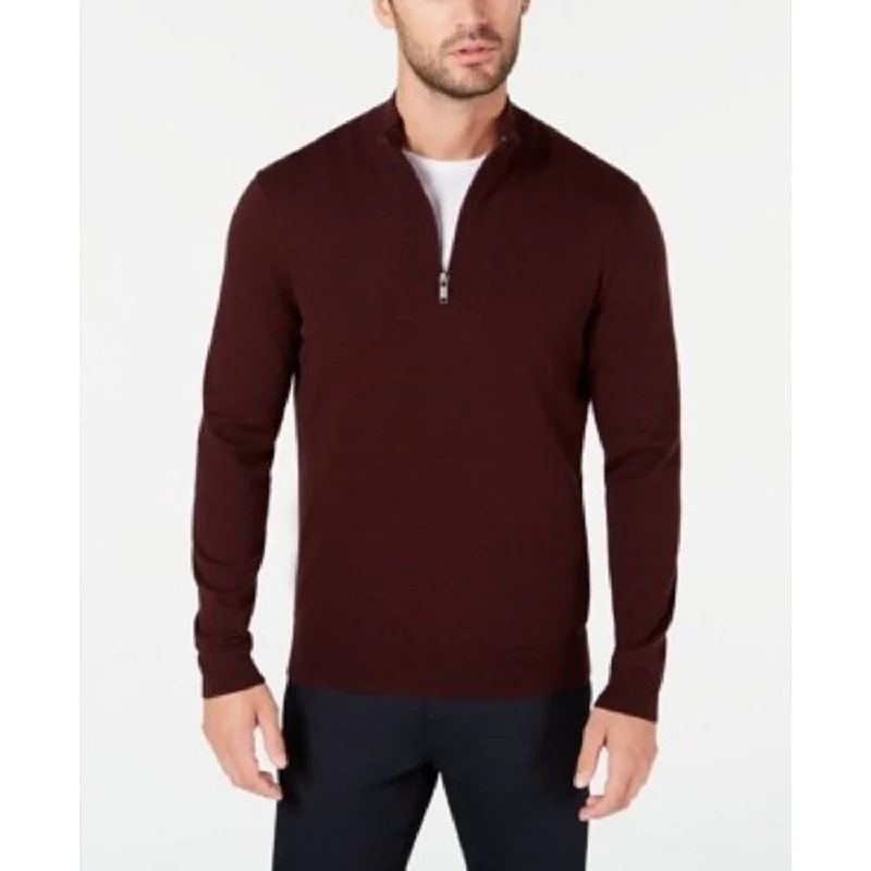 knitted sweater for modern fashion-Alfani Men's Solid Quarter-Zip Sweater Wine Size Medium