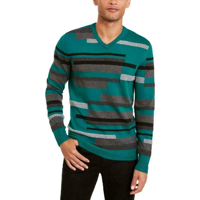 wool sweater for fashionable warmth-Alfani Men's Textured Striped V-Neck Sweater Green Size X-Large