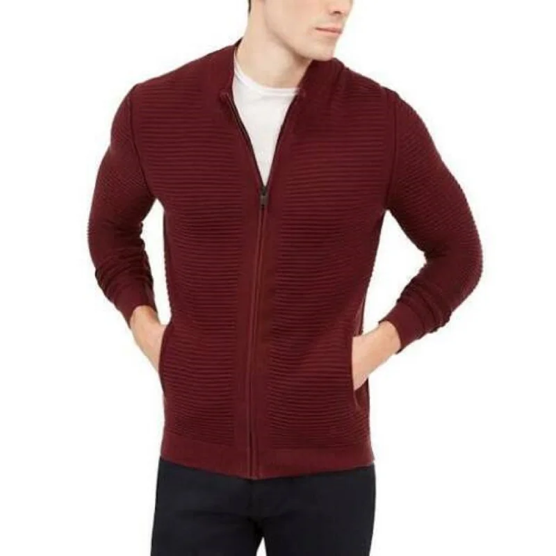 classic wool sweater for all seasons-Alfani Men's Textured Zip-Front Cardigan Dark Red Size Extra Large