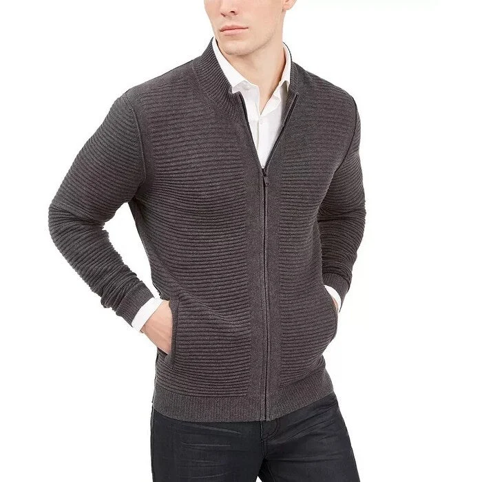 cozy wool sweater for laid-back style-Alfani Men's Textured Zip Front Cardigan Grey Size Medium