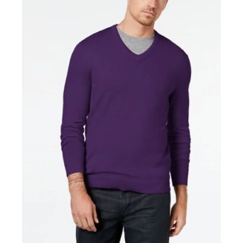 chunky cashmere sweater for winter chic-Alfani Men's V-Neck Sweater Dark Purple Size Medium