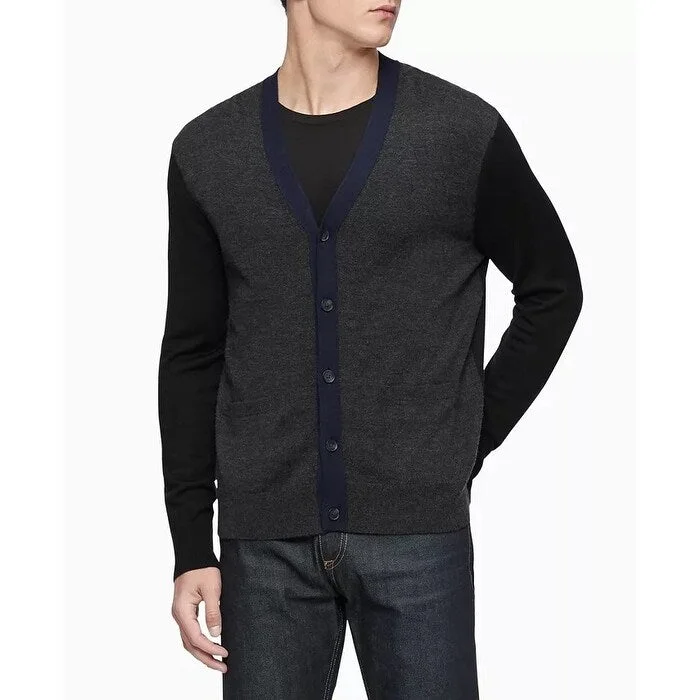 stylish wool sweater for cold days-Calvin Klein Men's Colorblocked Cardigan Sweater Grey Size X-Large