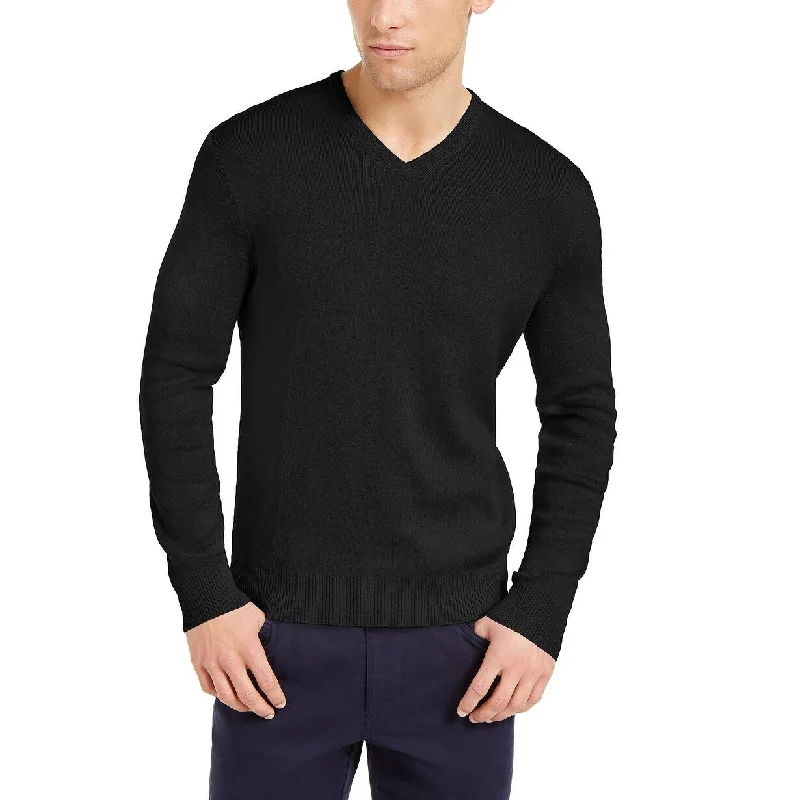 casual sweater for layering in winter-Calvin Klein Men's Cotton-Blend V-Neck Sweater Blue Size Medium