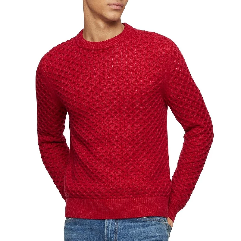 wool sweater for a simple look-Calvin Klein Men's Honeycomb-Knit Sweater Red Size X-Small